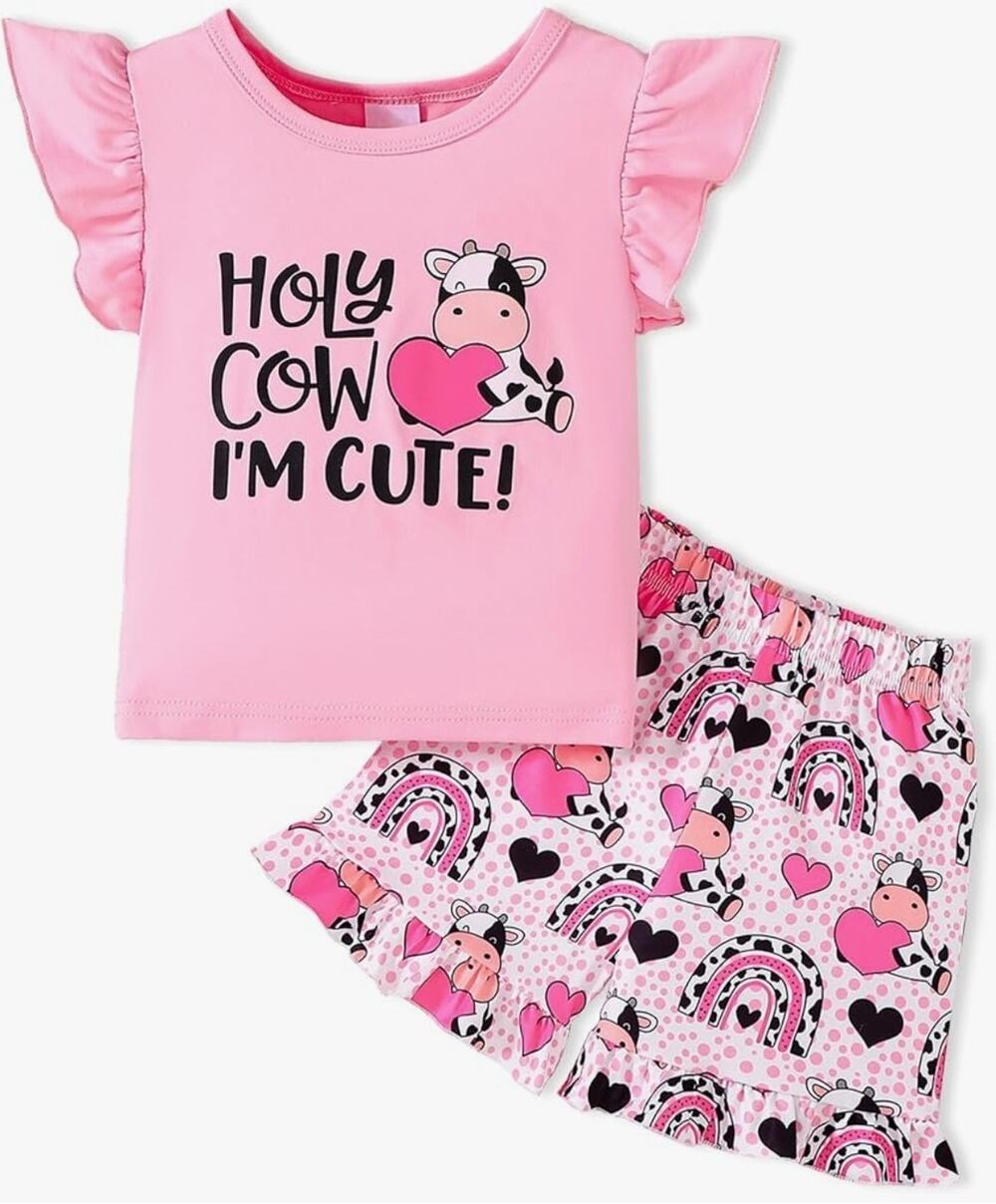 Cute Pink Holy Cow Girl T-shirt + Shorts 2PCS Clothing Set 18-24 months
